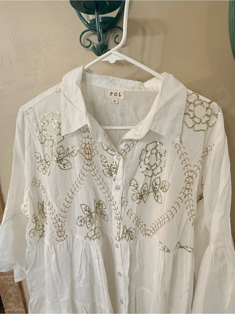 POL White Tiered Mini Dress with Gold Sequin Embroidery NWOT